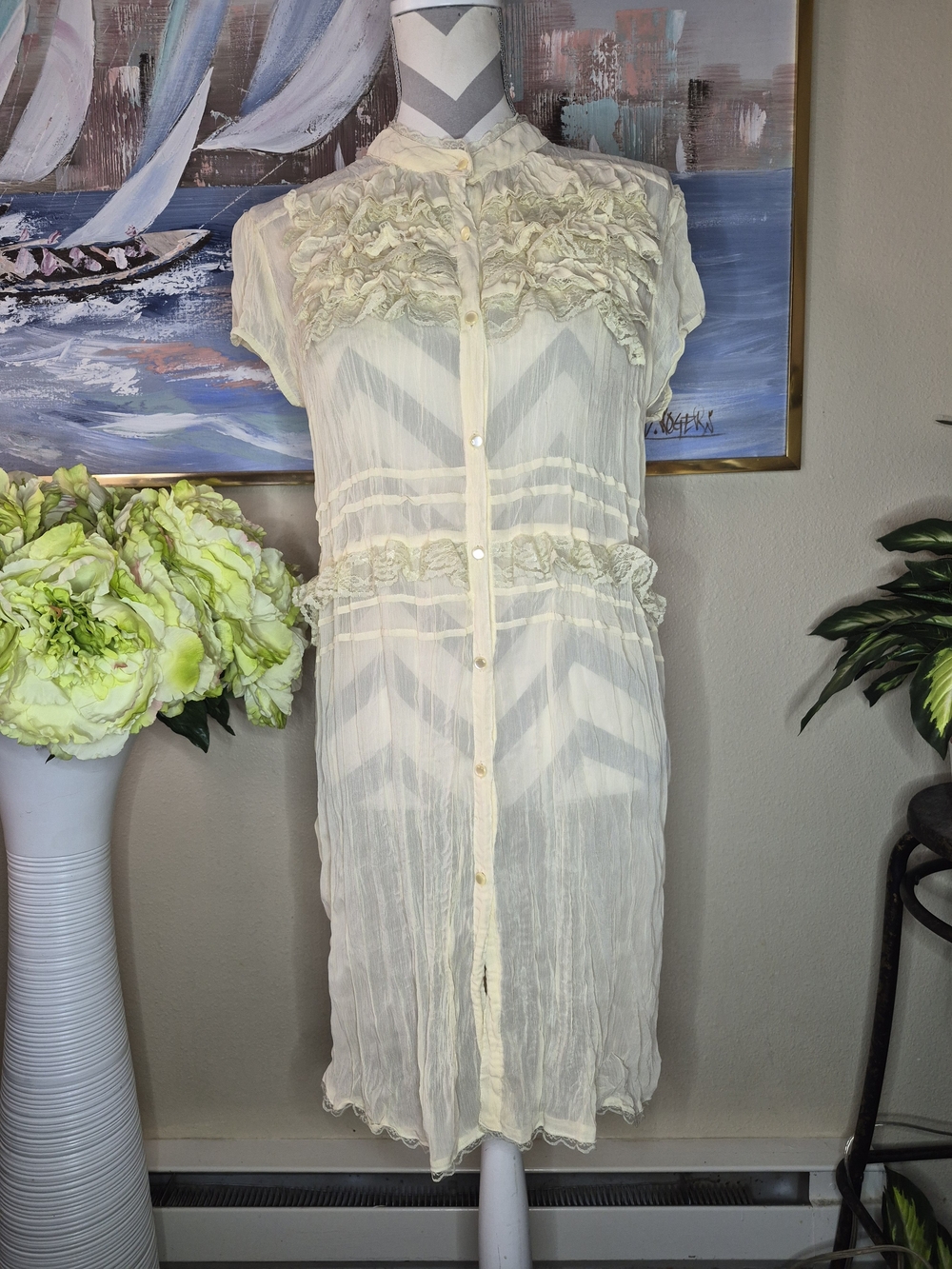 Vintage Xhilaration Cream Ruffle Button-Front Sheer Dress